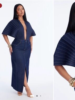 Fashion Nova Deep Navy Ribbed V-Neck Denim Skirt Set